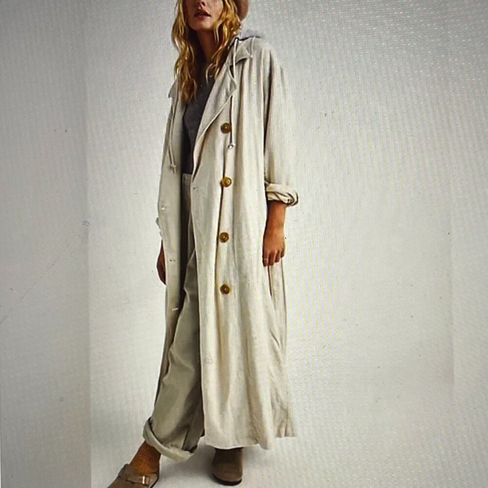 Free People, Charlie Trench Coat, Morning Oat, Linen/Viscose, Hooded,Maxi, XS